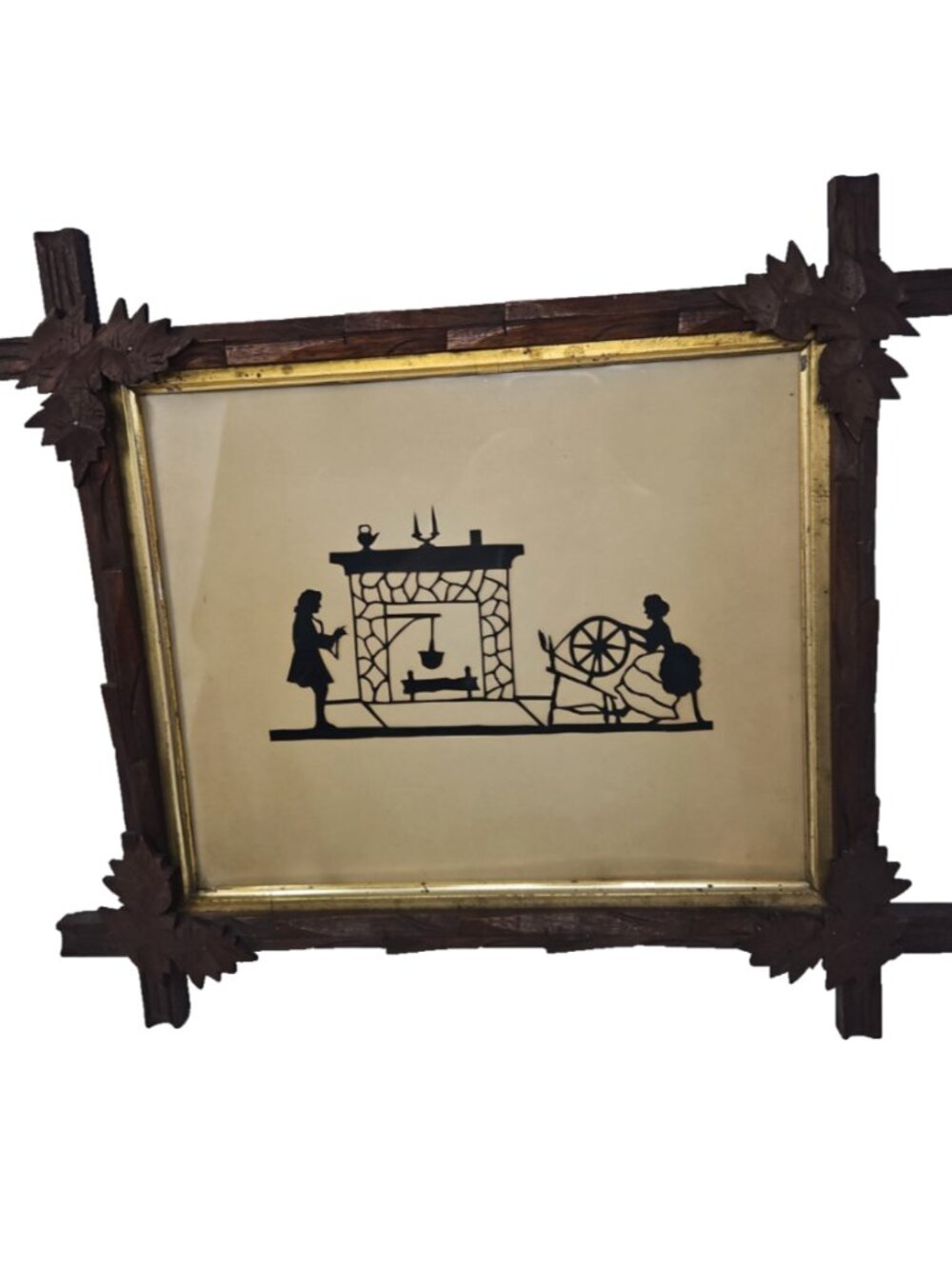 Antique Leaf Corner Adirondack Tramp Art Wood Framed Cut Home Hearth Silhouette